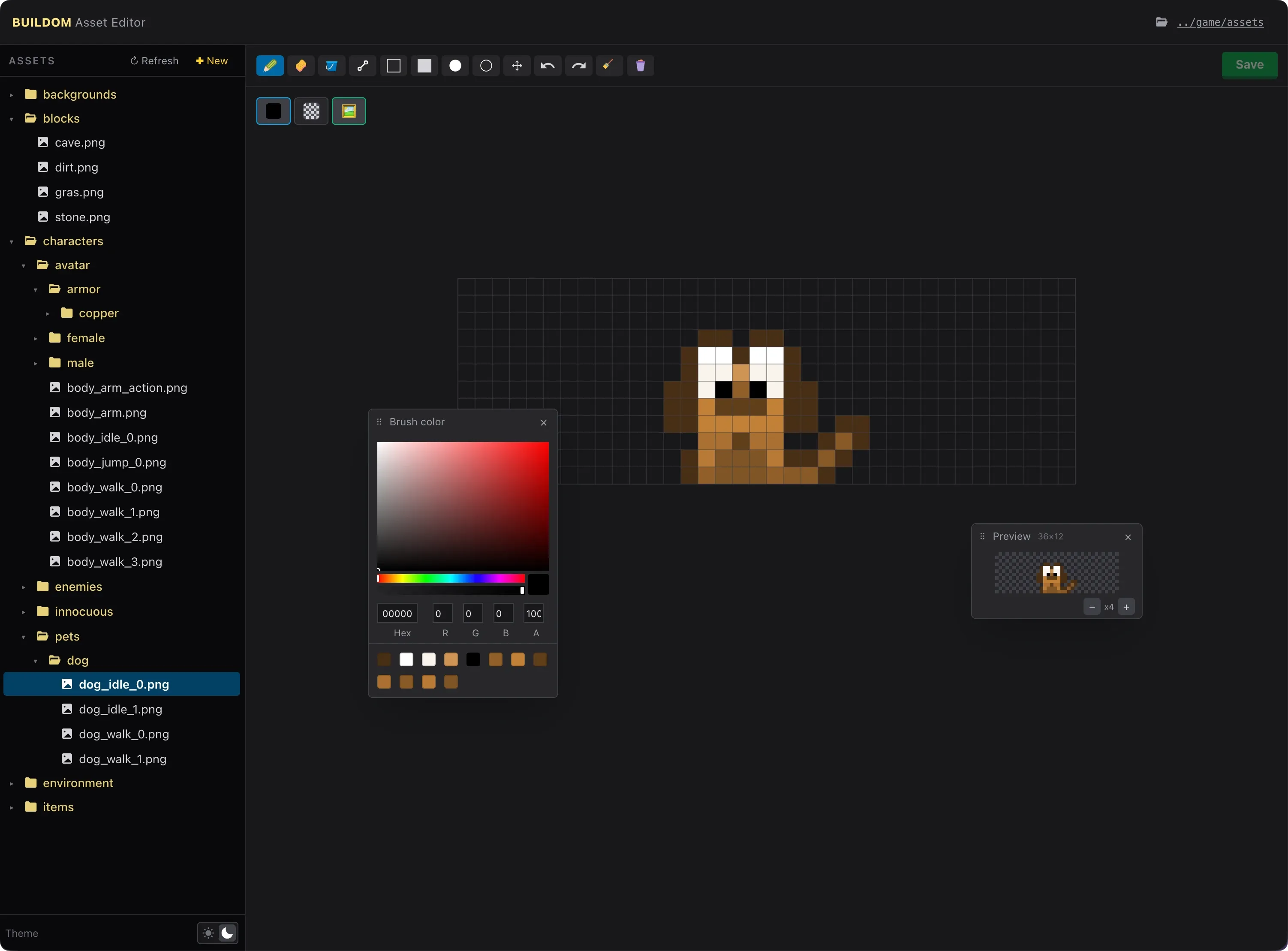 The custom Buildom pixel editor