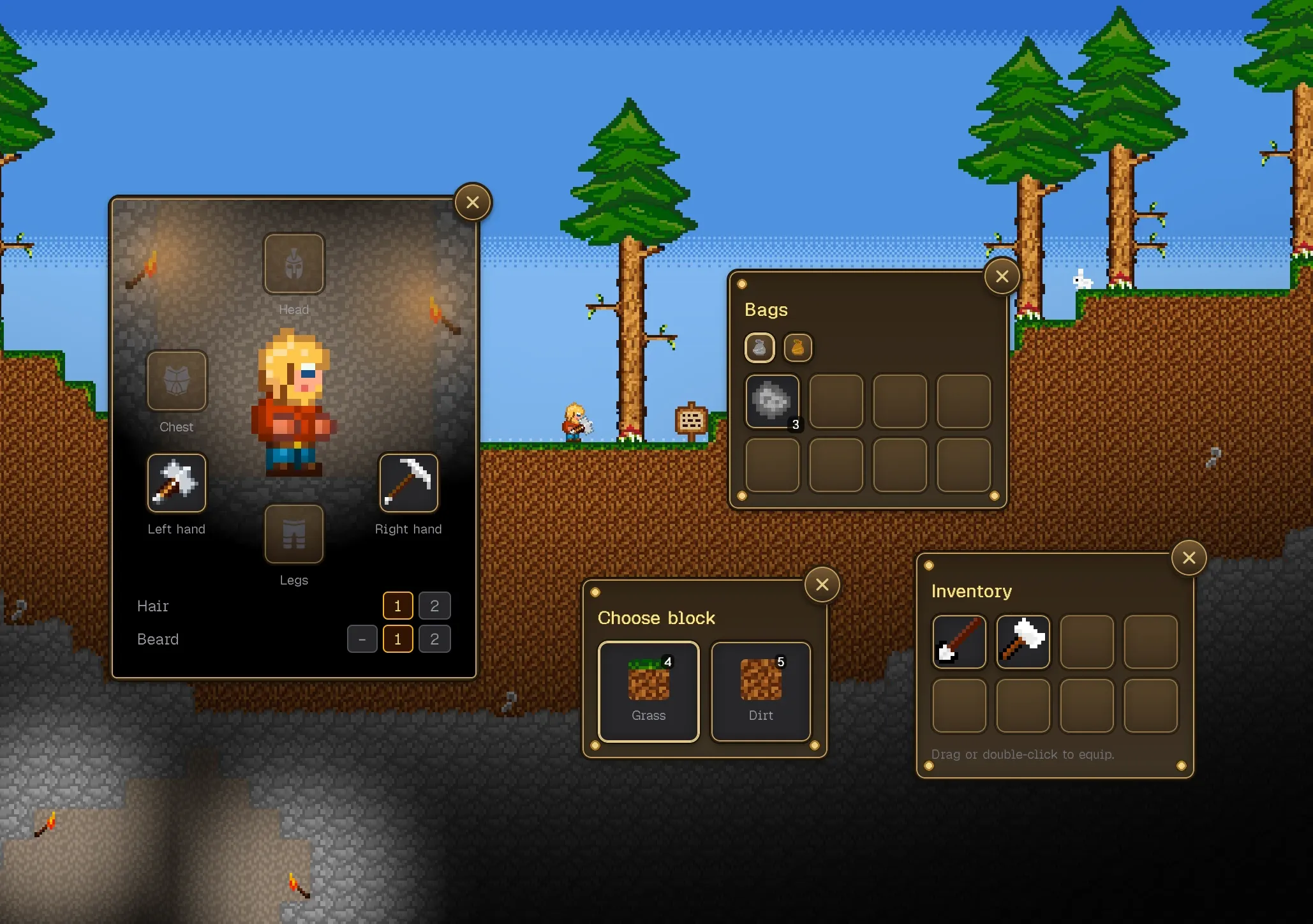 The new character panel with a canvas-rendered cave scene, next to the bags, inventory and block panels
