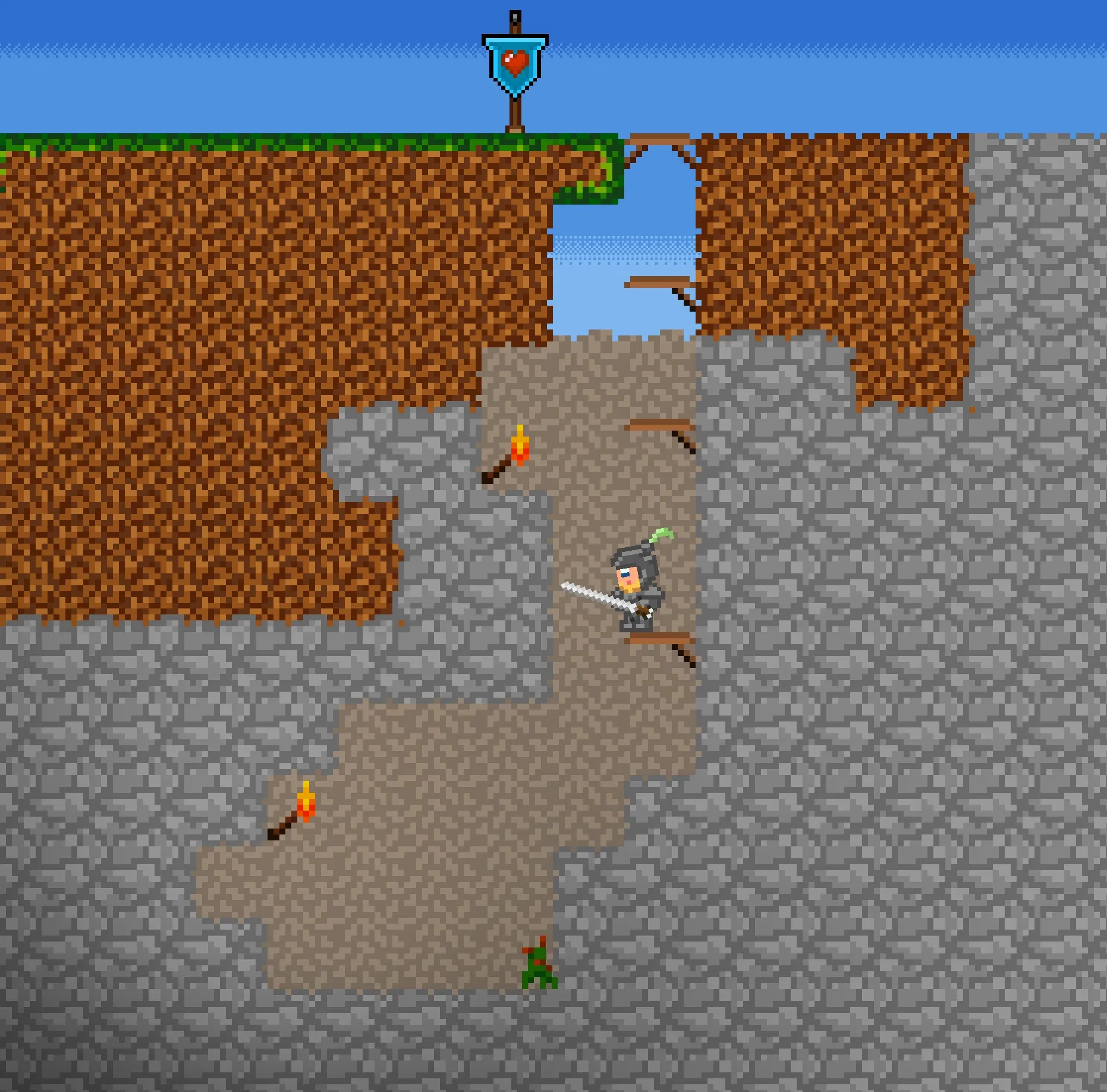 The character walking through a cave with a wooden platform placed below him, next to a torch