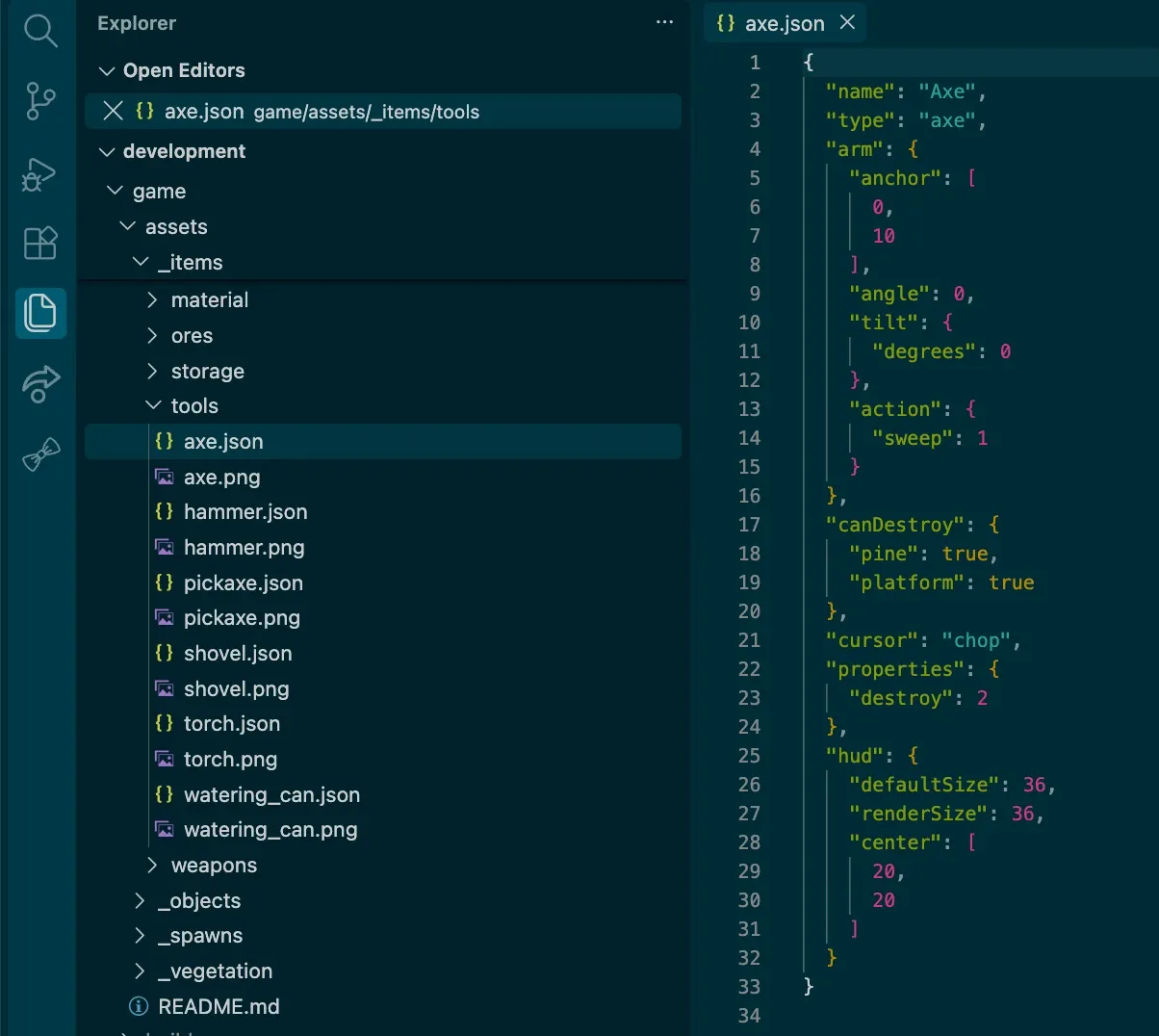 An asset JSON file with its type, hud display info and bag membership next to the folder structure of the asset categories