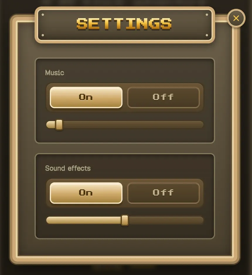 The settings dialog with the new sound effects toggle and volume slider